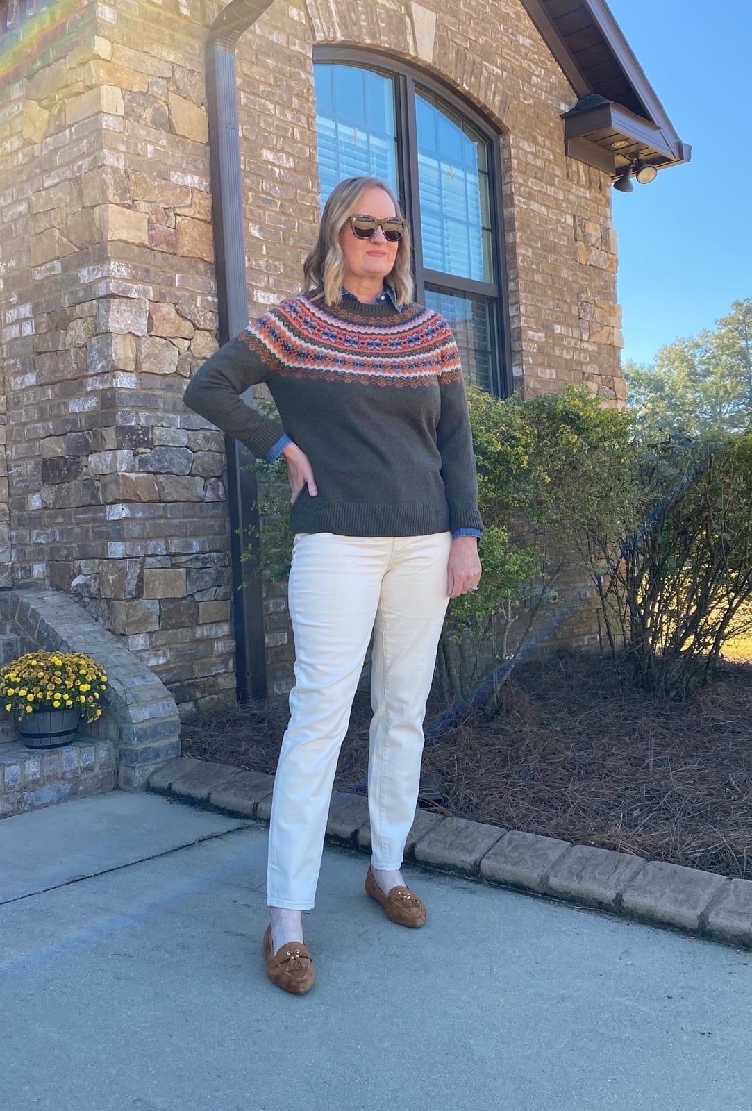 Fair Isle Sweater Over Collared Shirt — Classy Sweater Outfits for Women