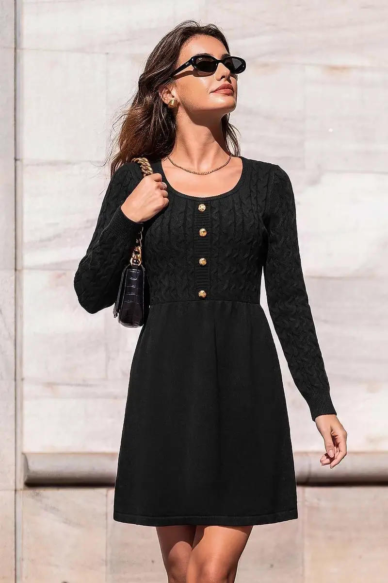 Cable Knit Dress With Gold Buttons — Classy Sweater Outfits for Women