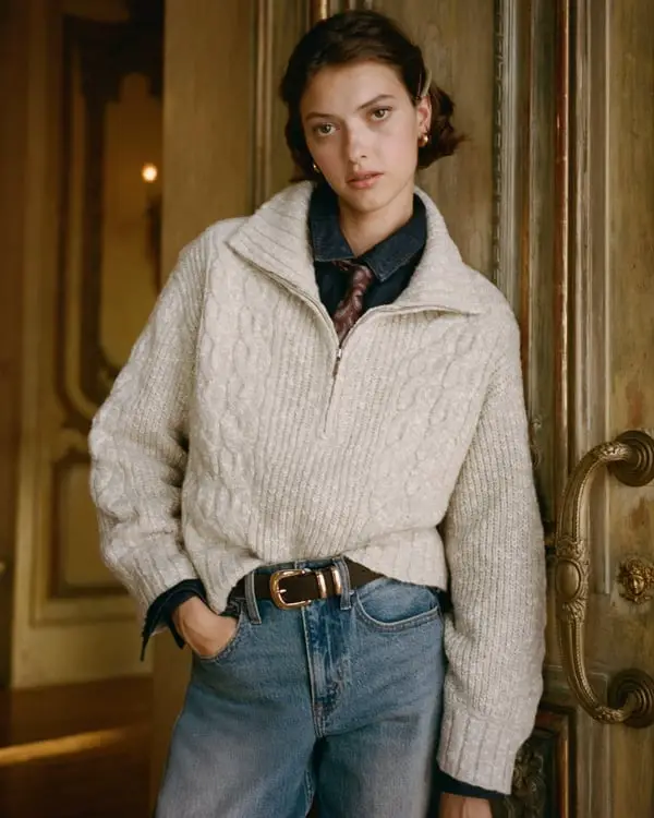 Quarter-Zip Sweater With Denim Shirt — Classy Sweater Outfits for Women