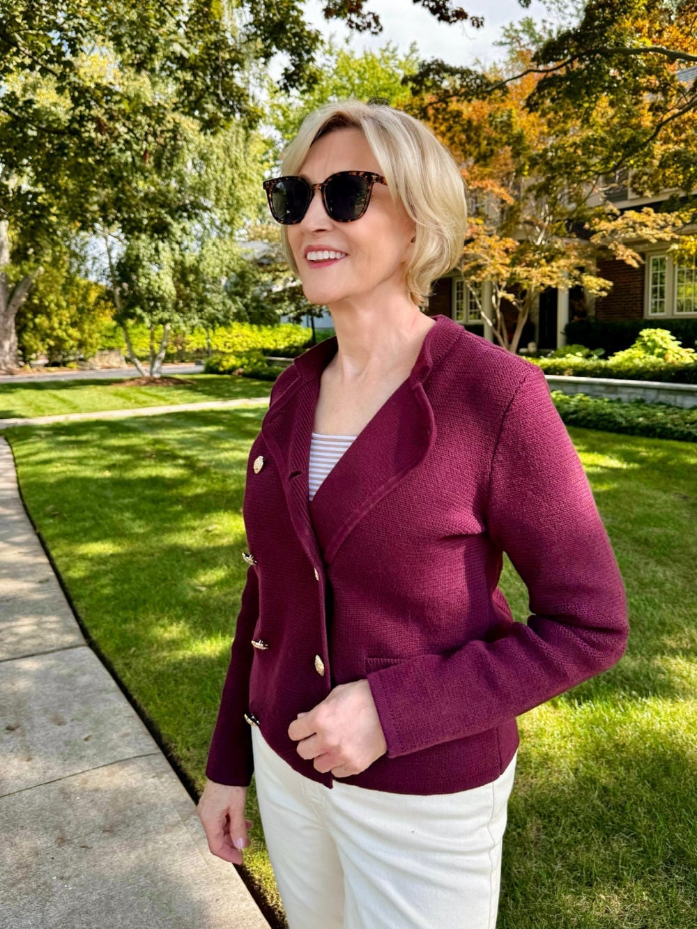 Burgundy Knit Jacket With White Pants — Classy Sweater Outfits for Women