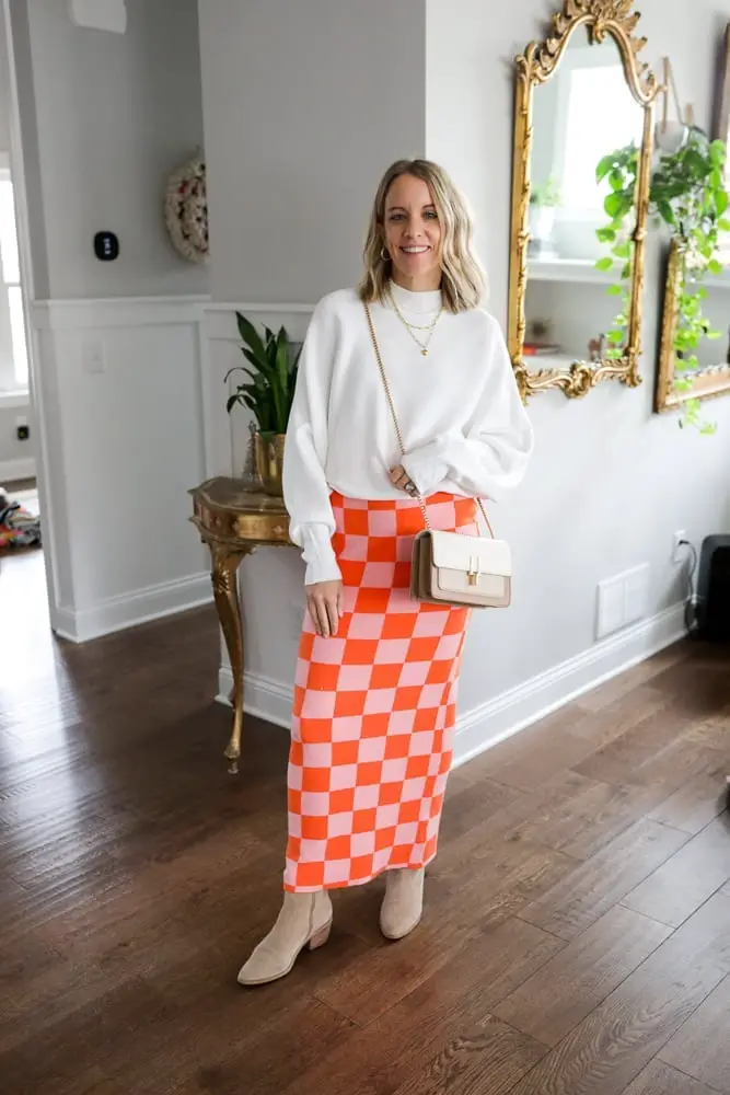 Crewneck Sweater With Checkerboard Skirt — Classy Sweater Outfits for Women