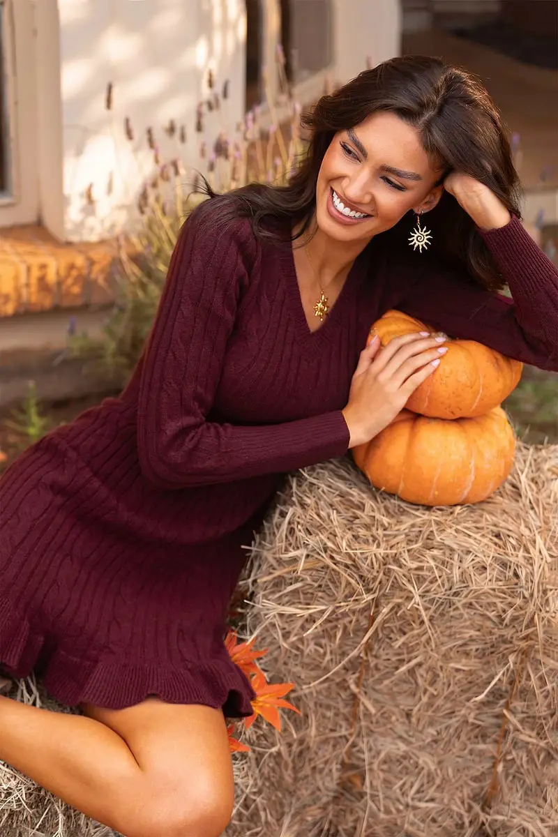 Burgundy Cable Knit Sweater Dress — Classy Sweater Outfits for Women