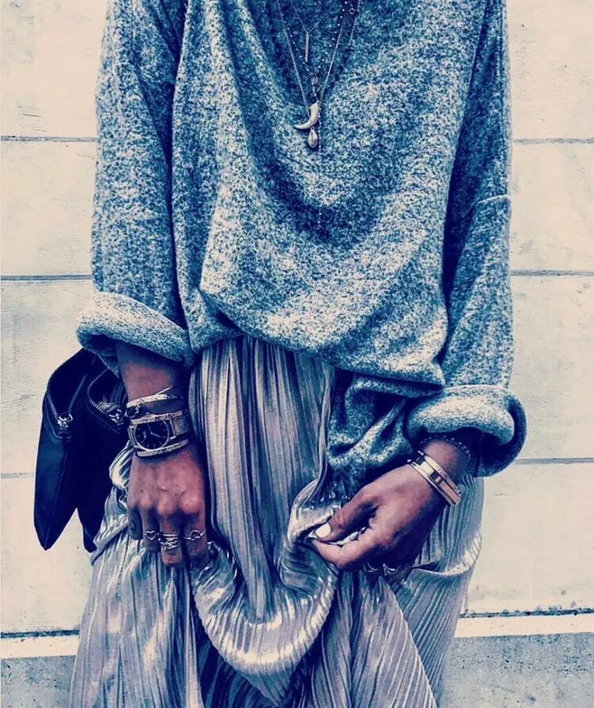 Textured Sweater With Metallic Skirt — Classy Sweater Outfits for Women