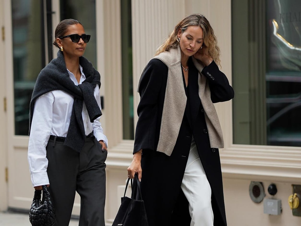 Gray Sweater Draped Over Shoulders — Classy Sweater Outfits for Women