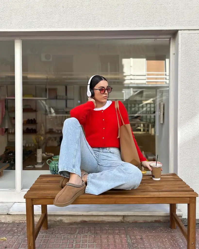 Bright Red Cardigan Over T-Shirt — Classy Sweater Outfits for Women