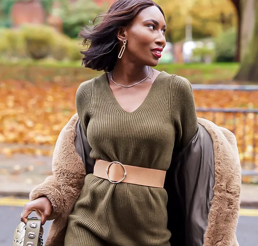 Ribbed Sweater Dress With Faux Fur Coat — Classy Sweater Outfits for Women