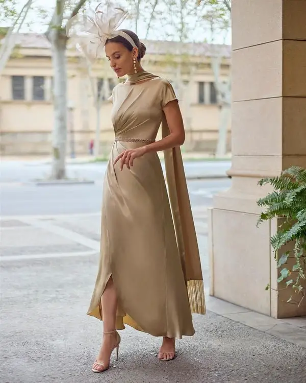 Champagne Satin Maxi Dress with Draped Scarf Champagne Satin Maxi Dress with Draped Scarf — Classy Tan Dress