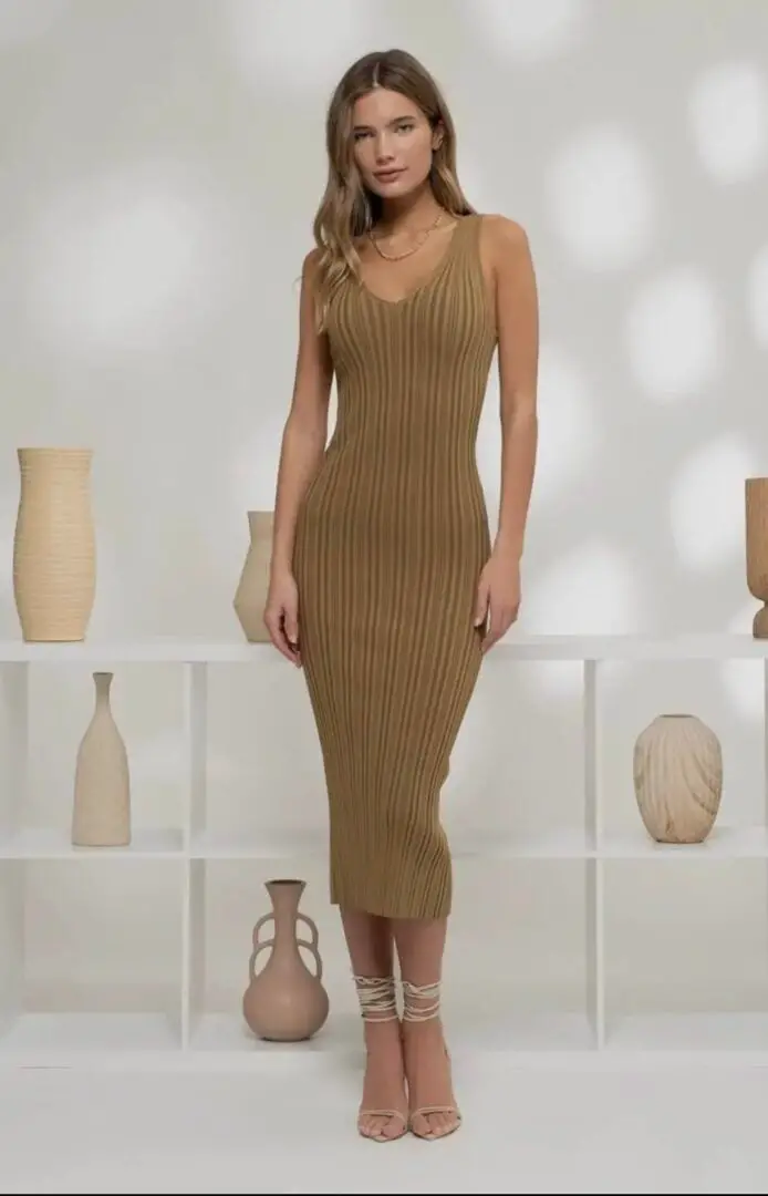 Brown Ribbed Knit V-Neck Sweater Dress Brown Ribbed Knit V-Neck Sweater Dress — Classy Tan Dress