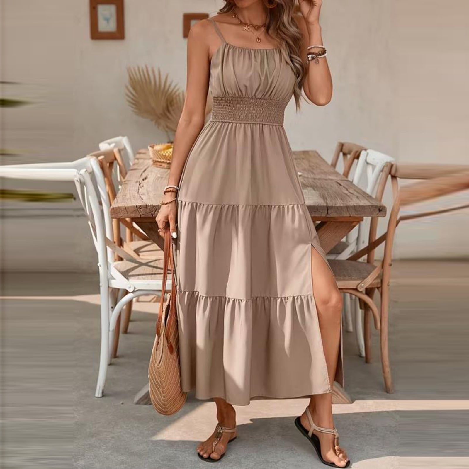 Taupe Tiered Maxi Dress with Side Slit Taupe Tiered Maxi Dress with Side Slit — Classy Tan Dress