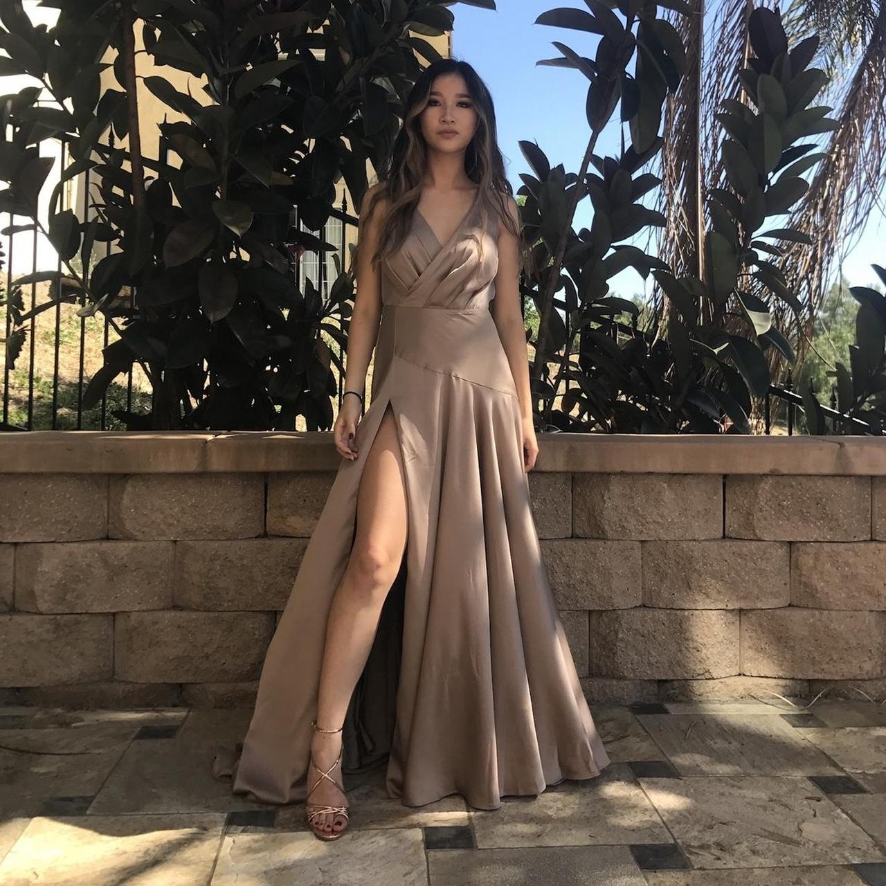 Taupe Satin Gown with Deep V-Neck Taupe Satin Gown with Deep V-Neck — Classy Tan Dress