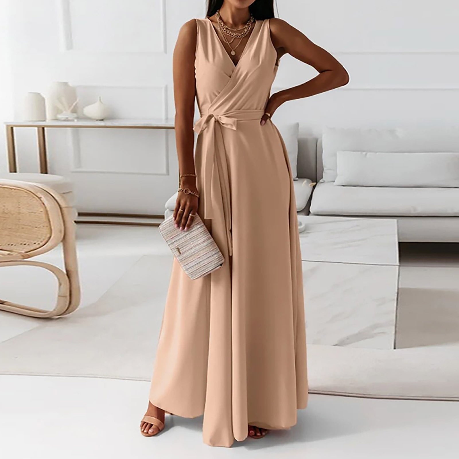 Peach Sleeveless Maxi Dress with Tie Waist Peach Sleeveless Maxi Dress with Tie Waist — Classy Tan Dress