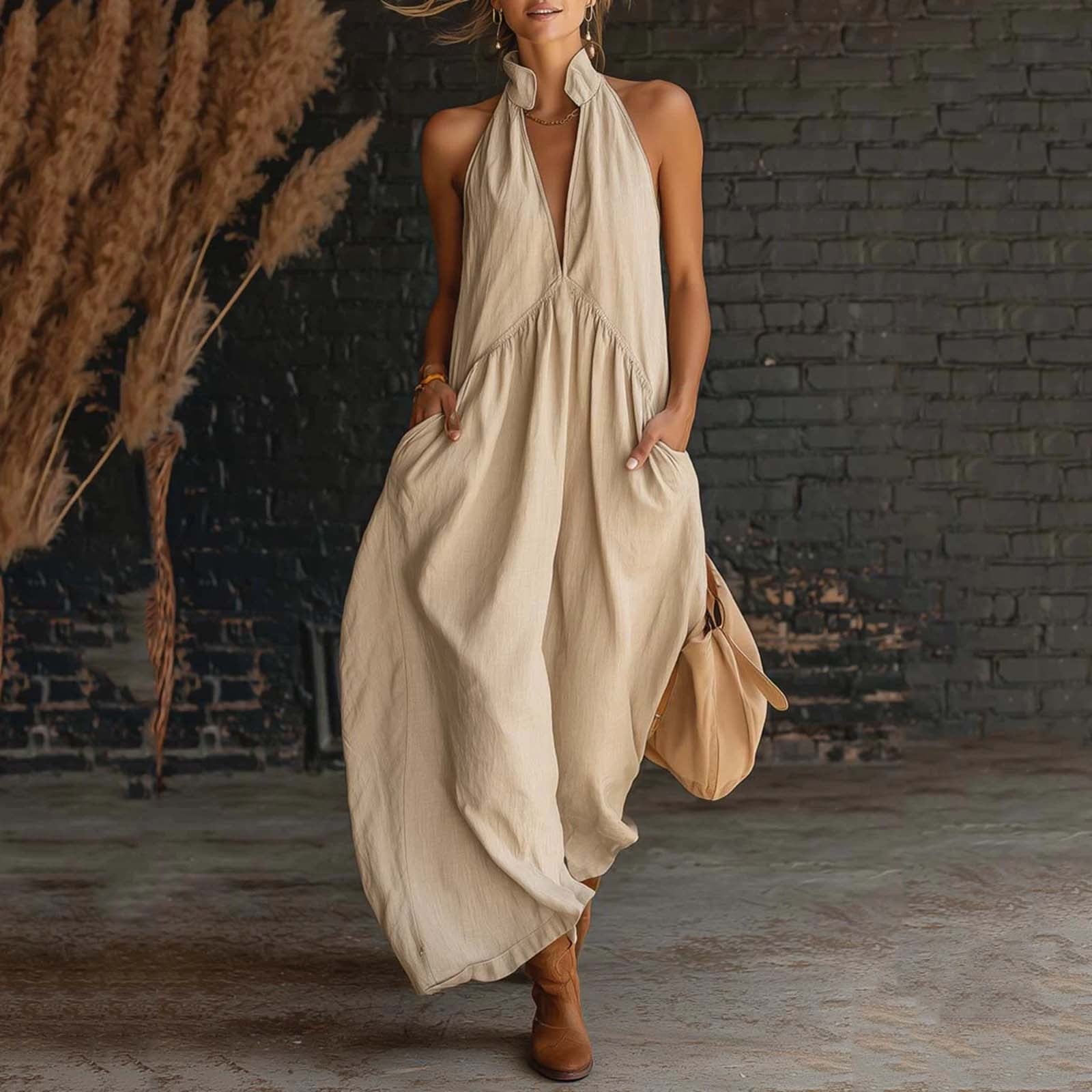 Beige Linen Maxi Dress with Deep V-Neck Beige Linen Maxi Dress with Deep V-Neck — Classy Tan Dress