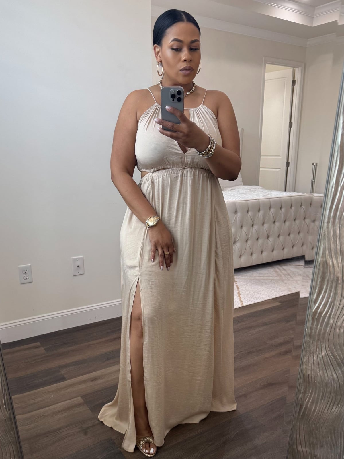 Tan Satin-Like Maxi Dress with Side Cutouts Tan Satin-Like Maxi Dress with Side Cutouts — Classy Tan Dress
