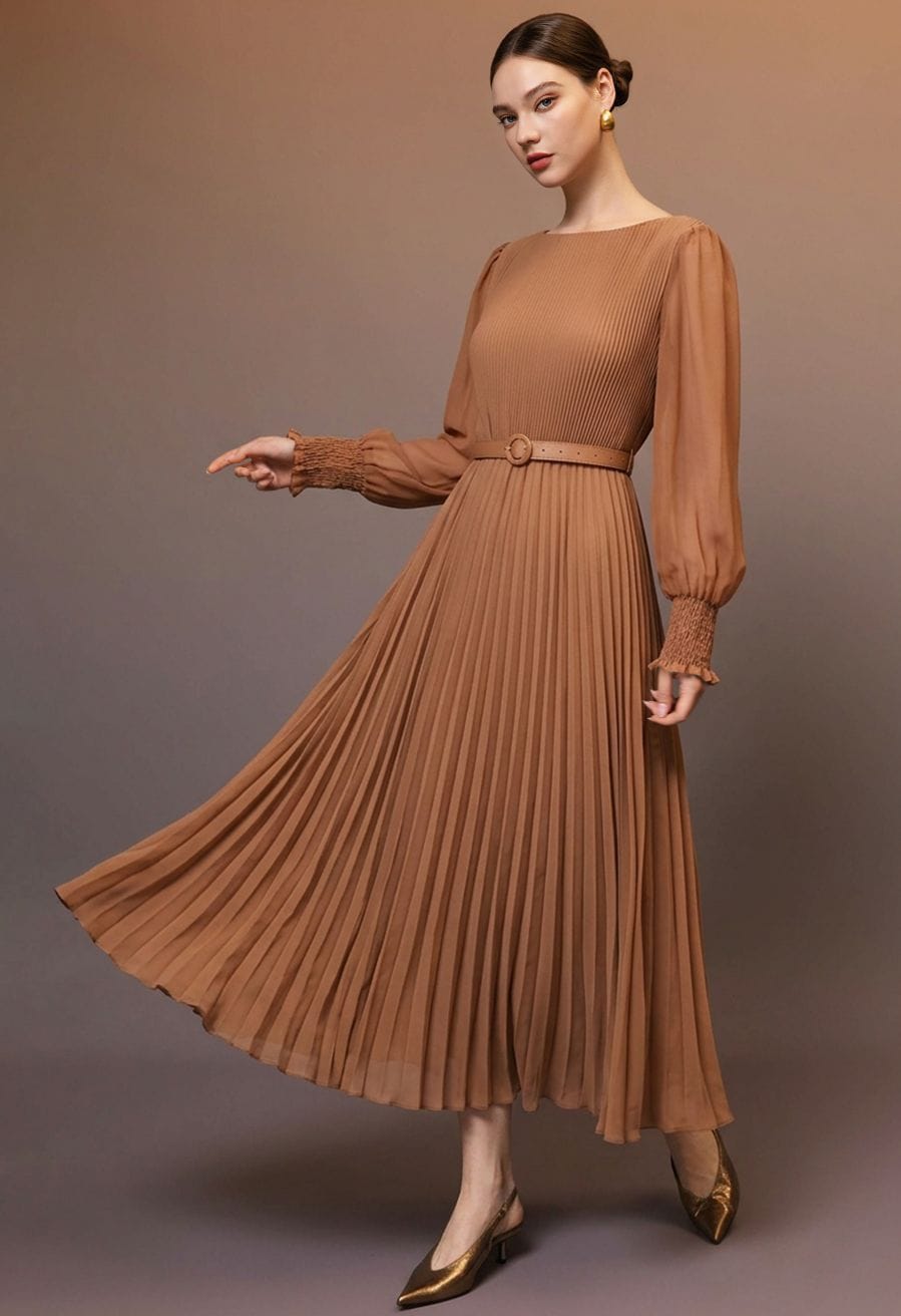 Brown A-Line Maxi Dress with Pleated Skirt Brown A-Line Maxi Dress with Pleated Skirt — Classy Tan Dress