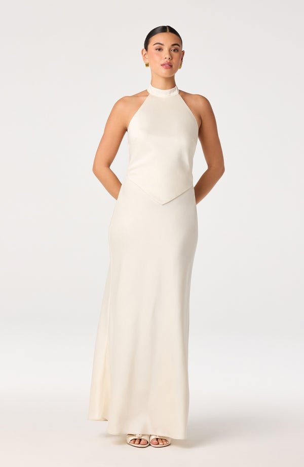 Ivory Satin Halter Neck Column Dress Ivory Satin Halter Neck Column Dress — Classy Tan Dress