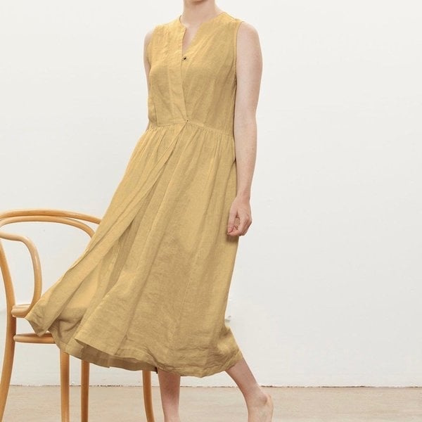 Pale Yellow Midi Dress with Pleated Bodice Pale Yellow Midi Dress with Pleated Bodice — Classy Tan Dress