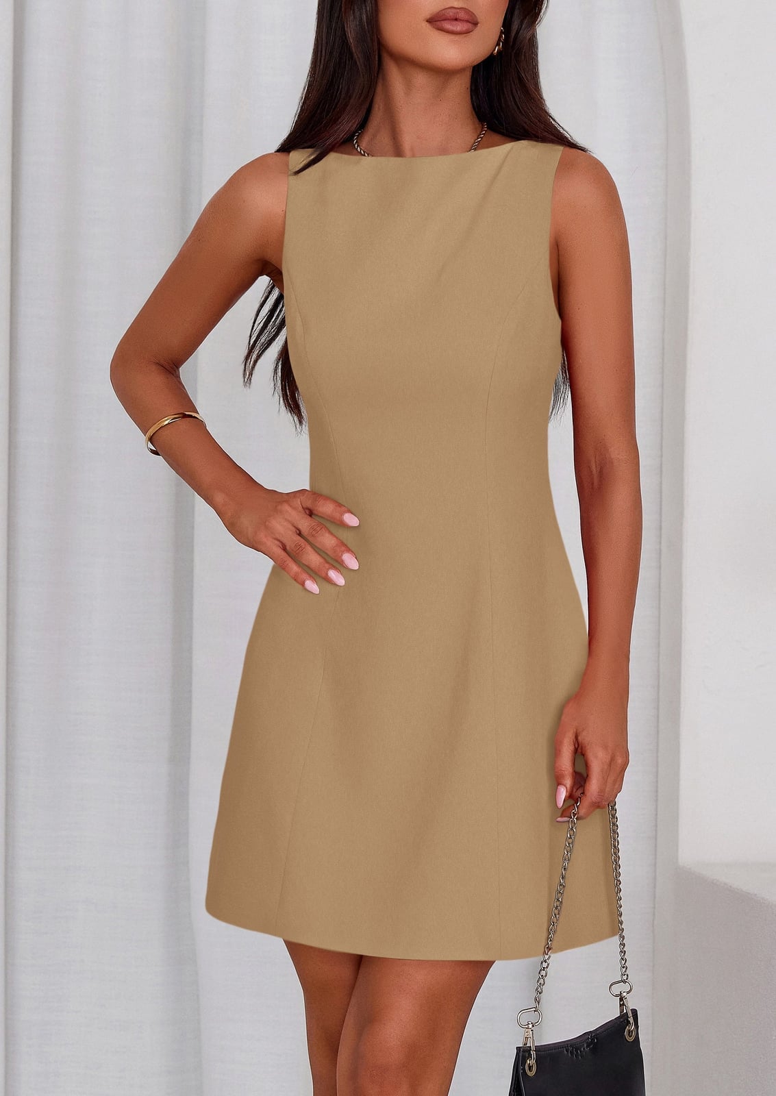 Tan Sleeveless Mini Dress with Boat Neck Tan Sleeveless Mini Dress with Boat Neck — Classy Tan Dress