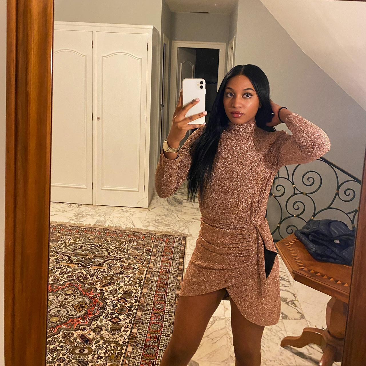 Rose Gold Sparkly Knit Mini Wrap Dress Rose Gold Sparkly Knit Mini Wrap Dress — Classy Tan Dress