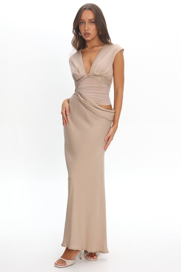 Beige Silk Maxi Dress with Draped Waist Beige Silk Maxi Dress with Draped Waist — Classy Tan Dress
