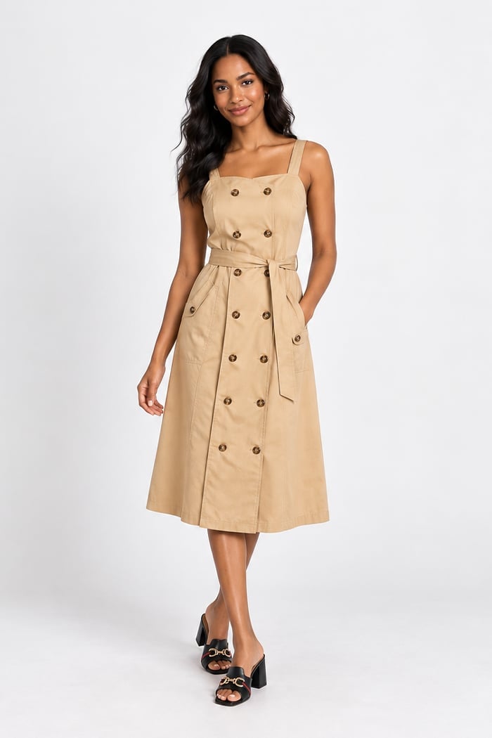 Tan Cotton Twill Midi Dress with Buttons Tan Cotton Twill Midi Dress with Buttons — Classy Tan Dress