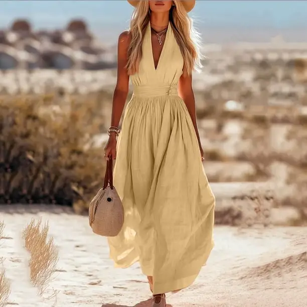 Pale Yellow Halter Neck Maxi Dress Pale Yellow Halter Neck Maxi Dress — Classy Tan Dress