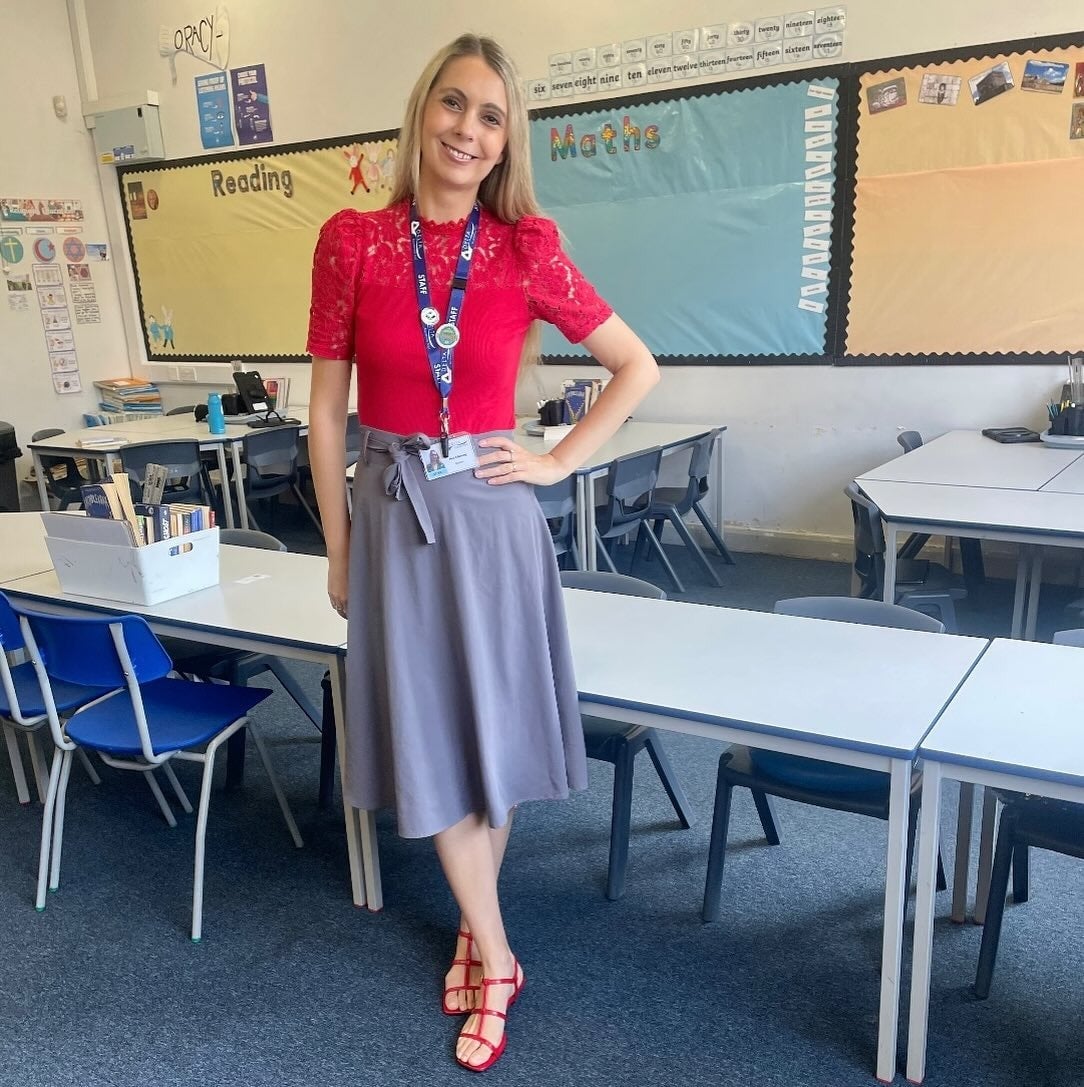 Red Lace Top With Gray A-Line Skirt Red Lace Top With Gray A-Line Skirt — Classy Teacher Outfits
