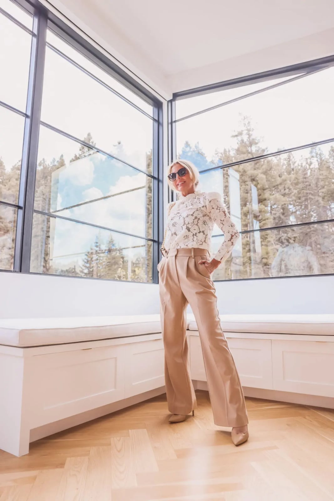 White Lace Top With Wide-Leg Beige Trousers White Lace Top With Wide-Leg Beige Trousers — Classy Teacher Outfits