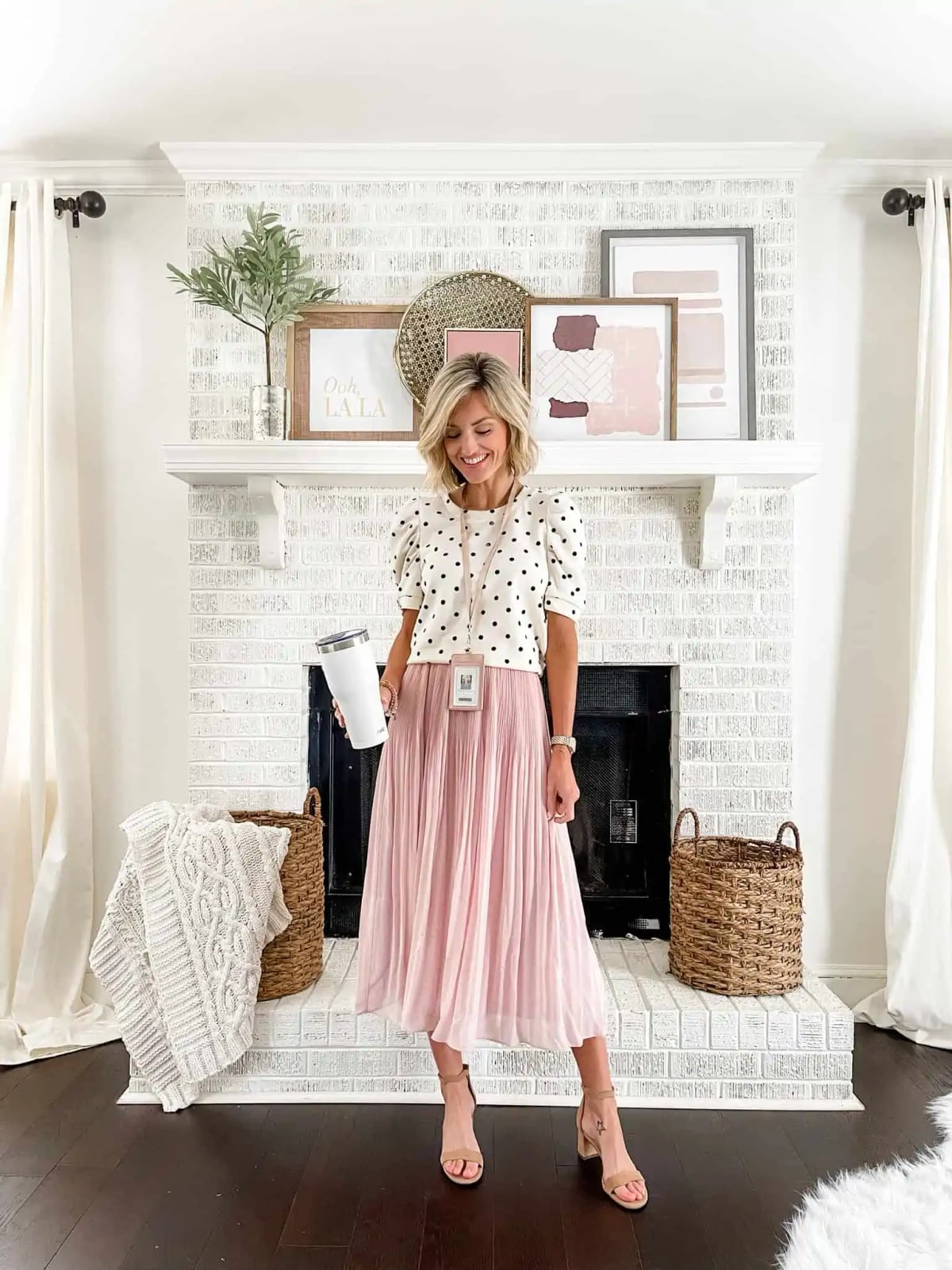 Polka Dot Top With Pink Pleated Midi Skirt Polka Dot Top With Pink Pleated Midi Skirt — Classy Teacher Outfits