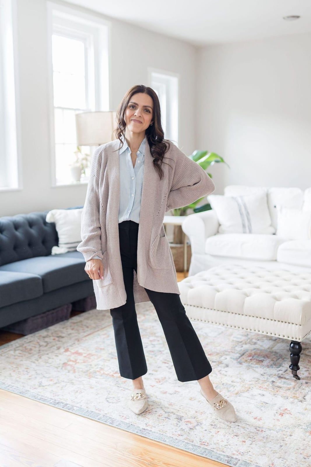 Long Neutral Cardigan Over Light Blue Shirt And Black Pants Long Neutral Cardigan Over Light Blue Shirt And Black Pants — Classy Teacher Outfits