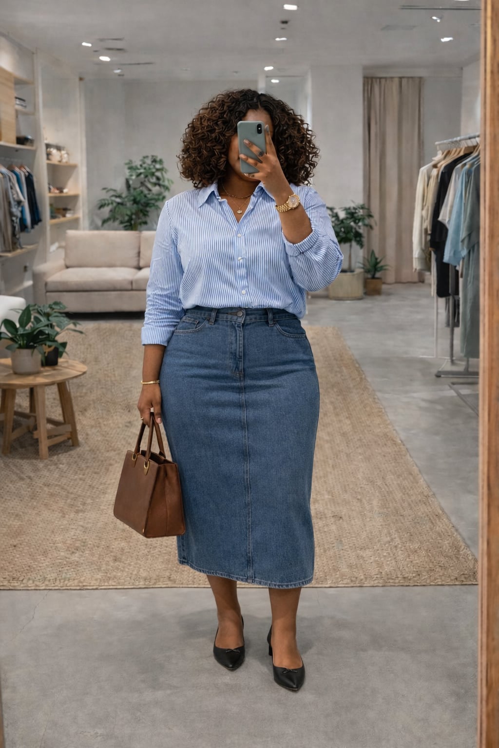 Denim Midi Skirt With Striped Button-Down Shirt Denim Midi Skirt With Striped Button-Down Shirt — Classy Teacher Outfits