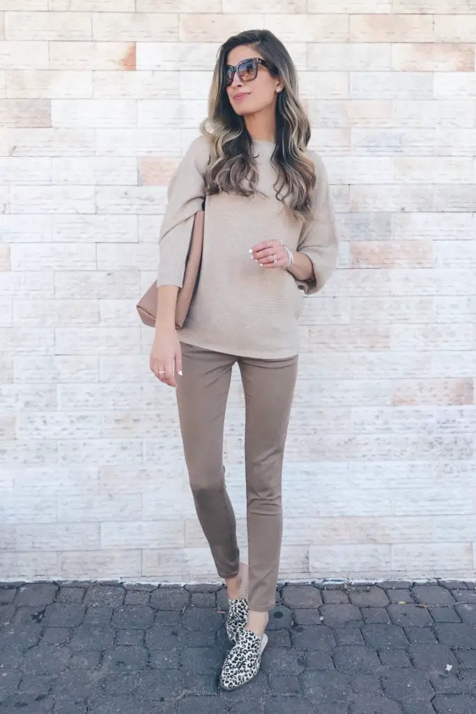 Beige Sweater With Taupe Trousers And Leopard Mules Beige Sweater With Taupe Trousers And Leopard Mules — Classy Teacher Outfits