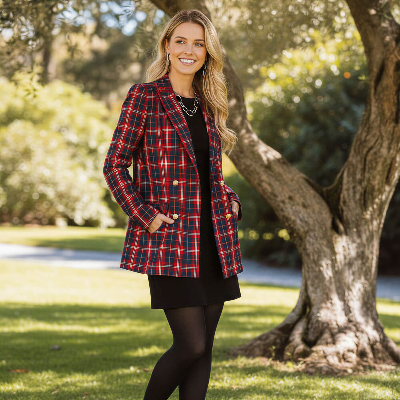 Plaid Blazer Over Black A-Line Dress Plaid Blazer Over Black A-Line Dress — Classy Teacher Outfits