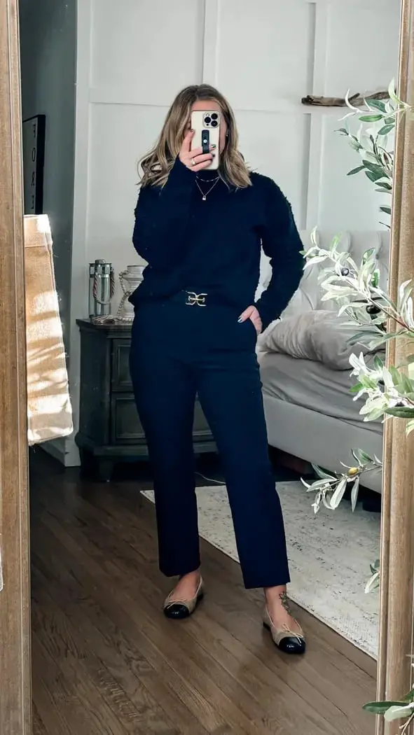 Textured Navy Sweater With Straight-Leg Trousers Textured Navy Sweater With Straight-Leg Trousers — Classy Teacher Outfits