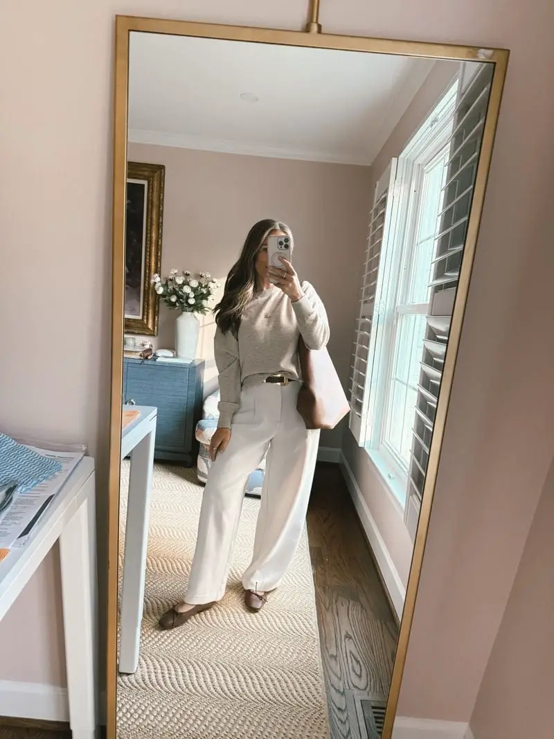 Gray Sweatshirt With White Wide-Leg Trousers Gray Sweatshirt With White Wide-Leg Trousers — Classy Teacher Outfits