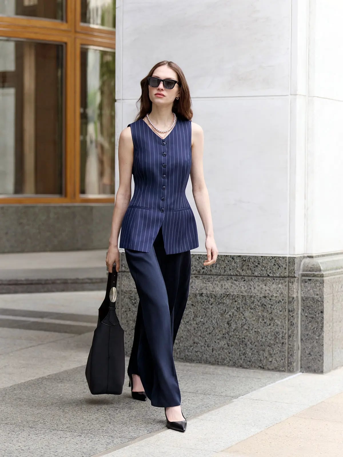 Navy Pinstripe Vest With Wide-Leg Trousers Navy Pinstripe Vest With Wide-Leg Trousers — Classy Teacher Outfits