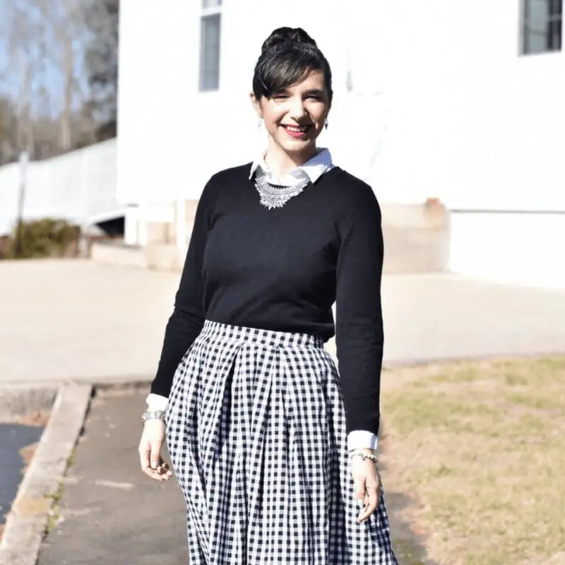 Gingham Skirt With Crewneck Sweater And Collared Shirt Gingham Skirt With Crewneck Sweater And Collared Shirt — Classy Teacher Outfits