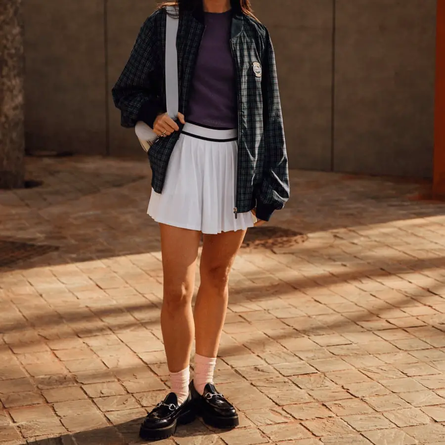 Plaid Bomber Jacket with Pleated Mini Skirt — Classy Tennis Skirt Outfits