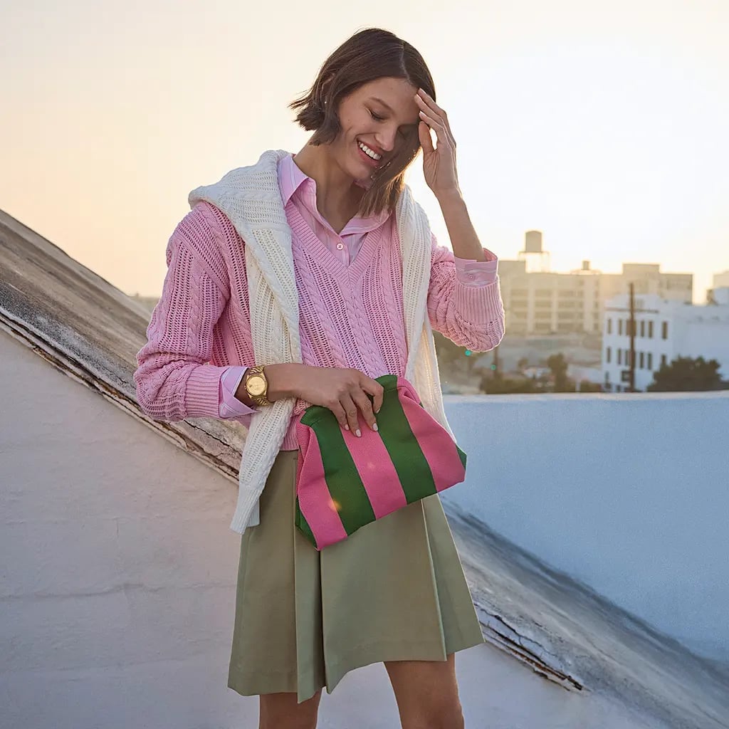 Khaki Pleated Skirt with Pink Sweater — Classy Tennis Skirt Outfits
