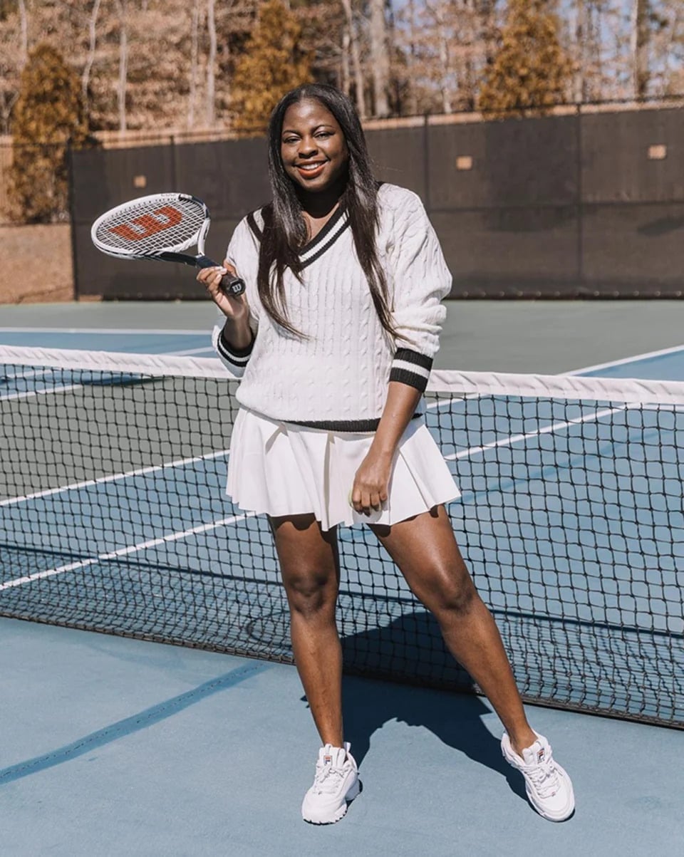 Cable Knit Sweater with White Tennis Skirt — Classy Tennis Skirt Outfits