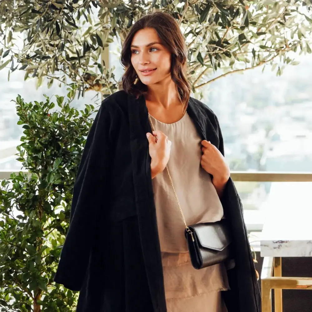 Beige Layered Outfit with Black Coat — Classy Theater Outfits