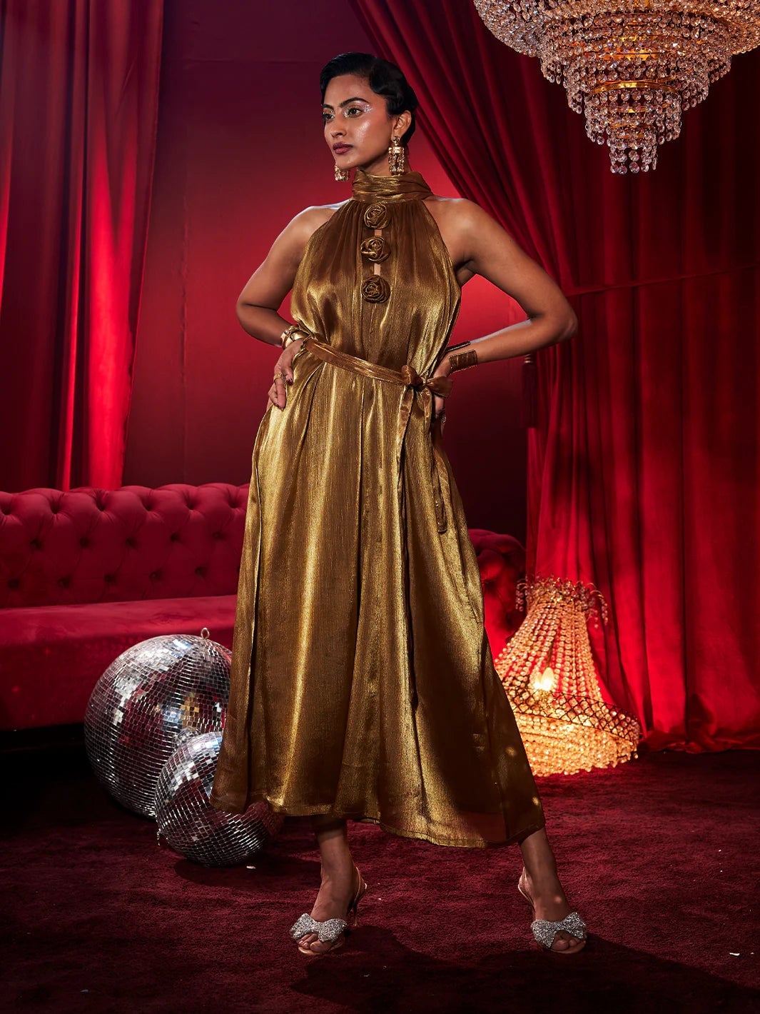 Gold Halter Neck A-Line Dress — Classy Theater Outfits