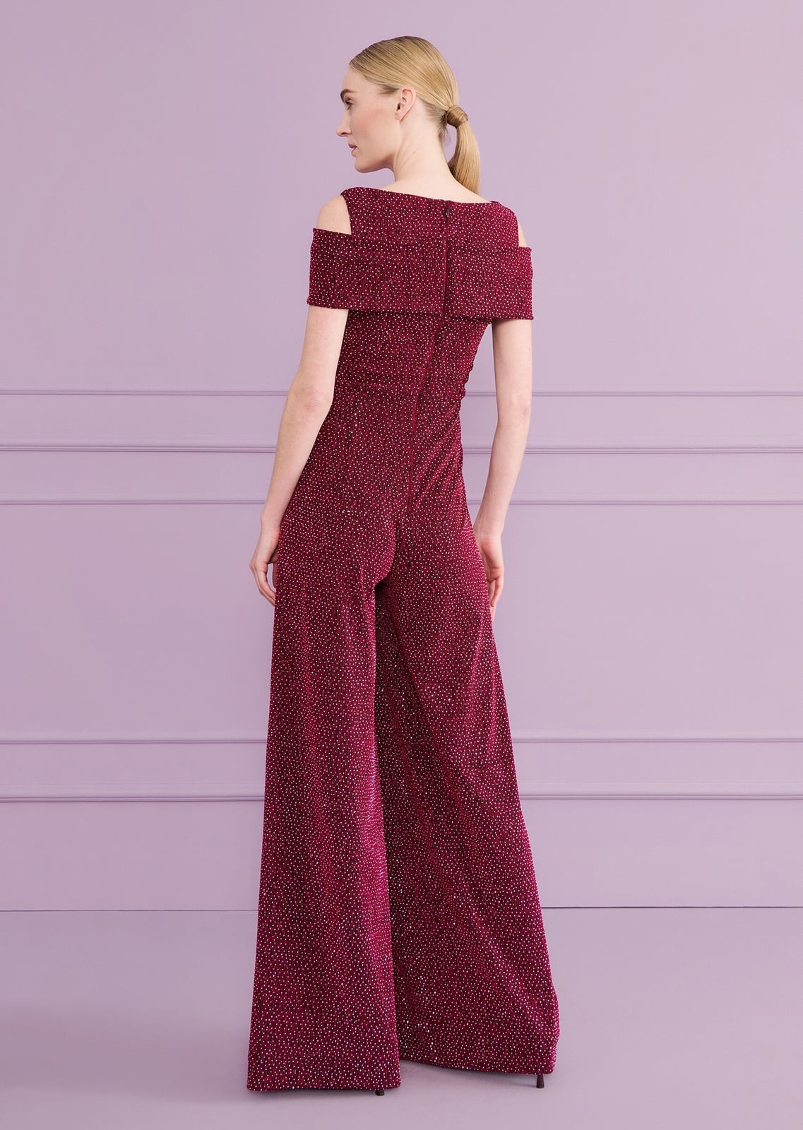 Burgundy Sparkly Off-the-Shoulder Jumpsuit — Classy Theater Outfits