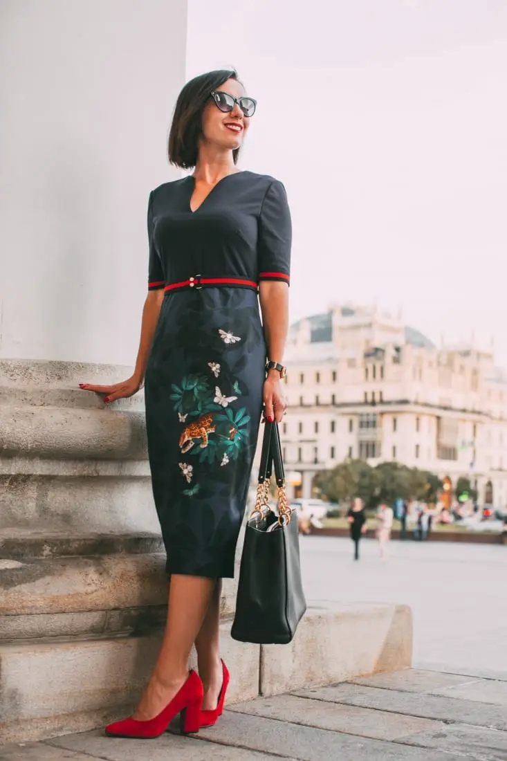 Navy Pencil Dress with Embroidered Panel — Classy Theater Outfits
