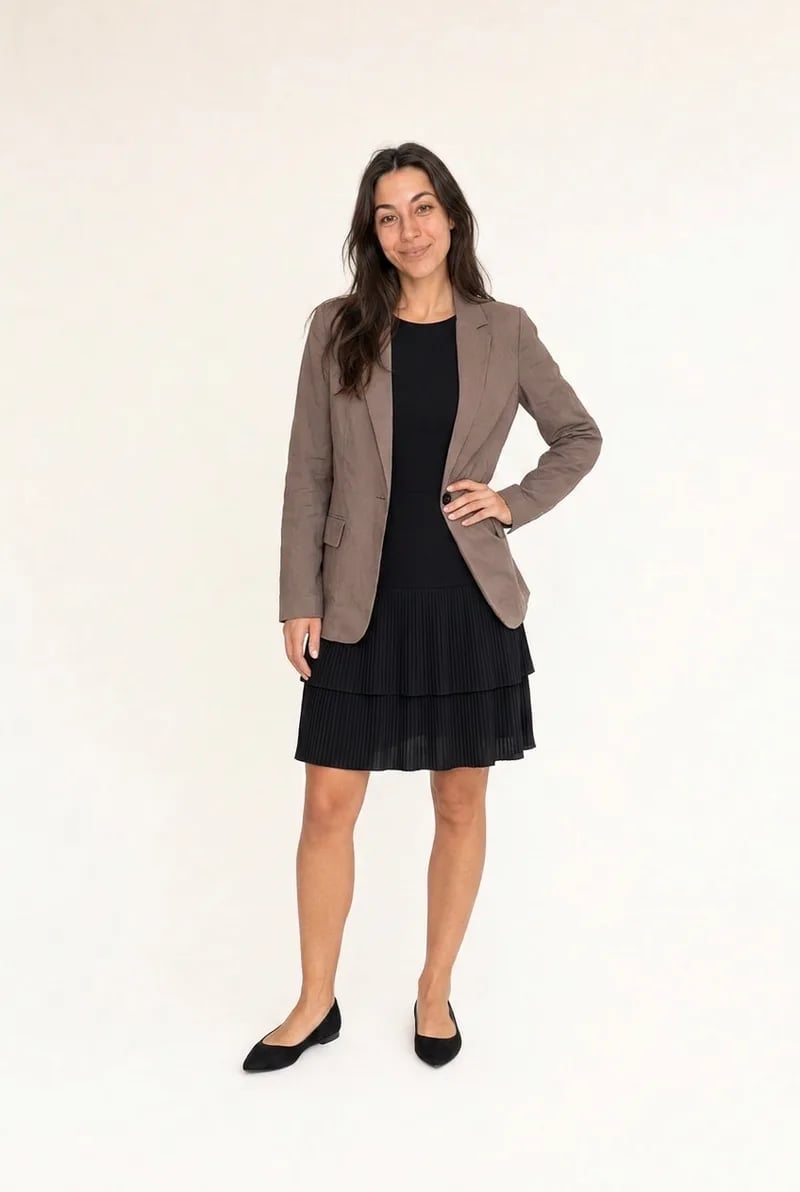 Black Tiered Mini Dress with Brown Blazer — Classy Theater Outfits