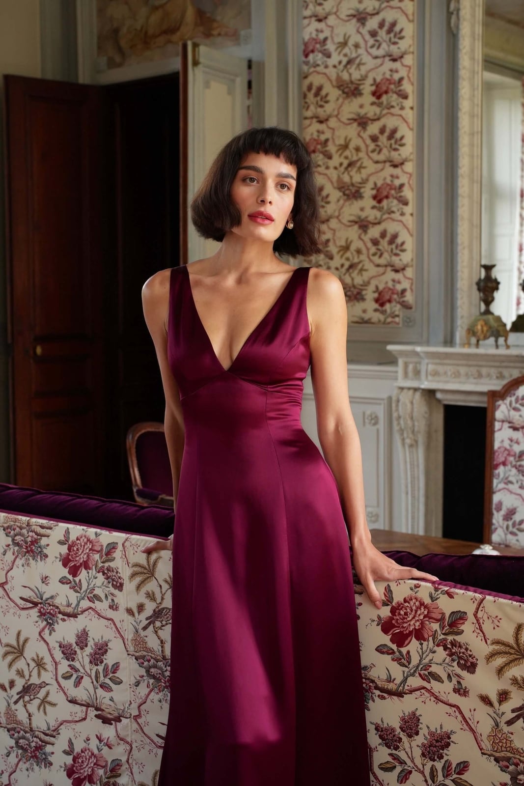 Plum Satin Midi Dress with V-Neck — Classy Theater Outfits
