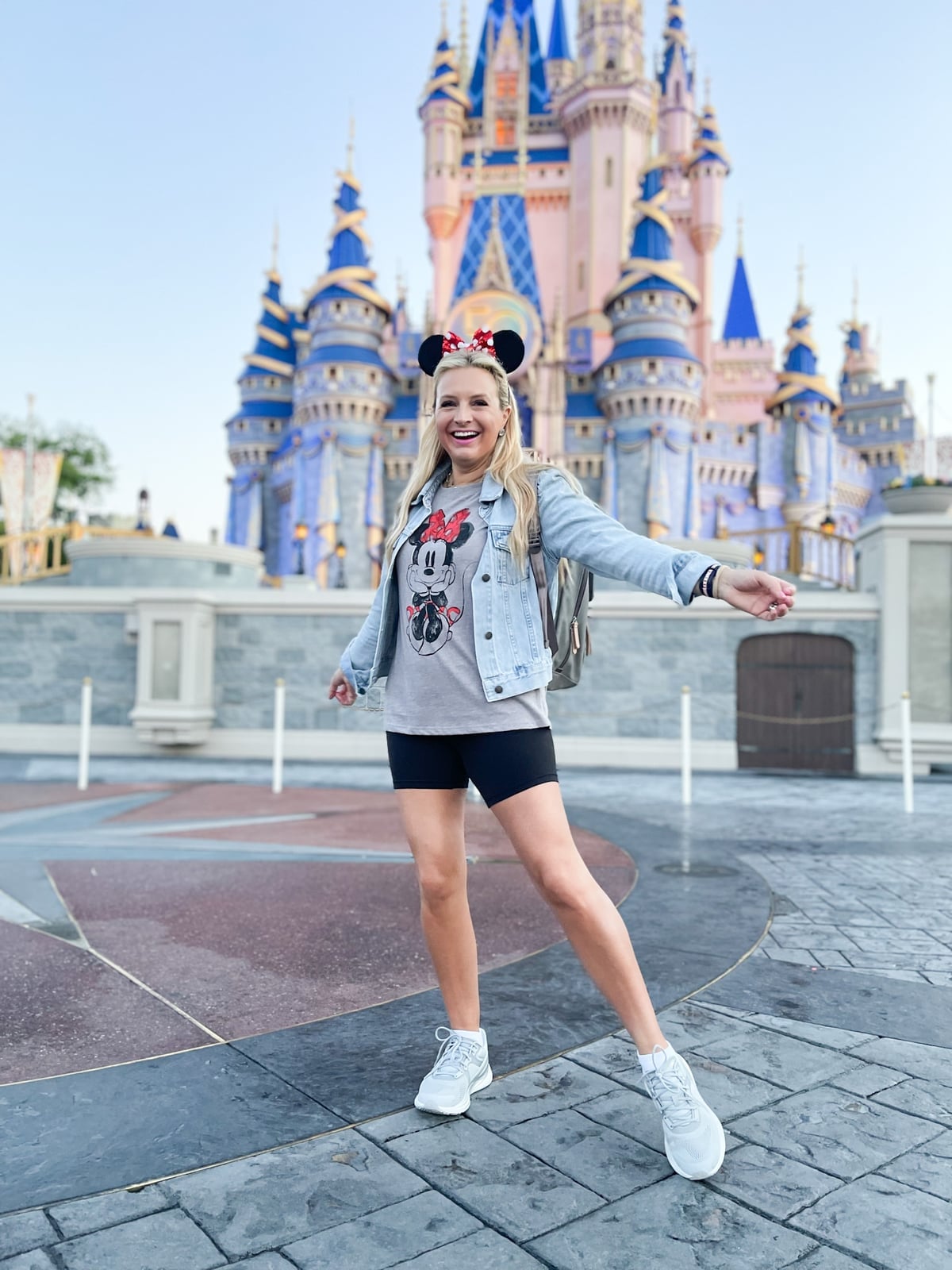 Denim Jacket and Minnie Mouse Tee with Biker Shorts Denim Jacket and Minnie Mouse Tee with Biker Shorts — Classy Theme Park Outfits