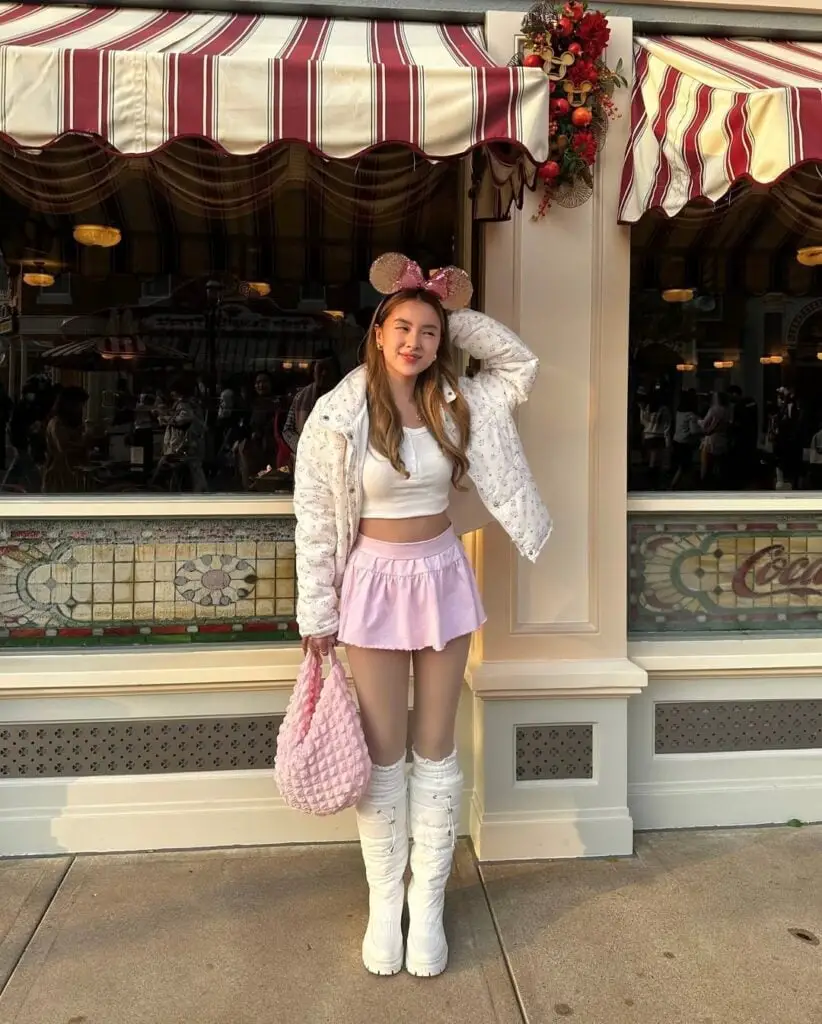 Pink Mini Skirt and Quilted Jacket Theme Park Ensemble Pink Mini Skirt and Quilted Jacket Theme Park Ensemble — Classy Theme Park Outfits