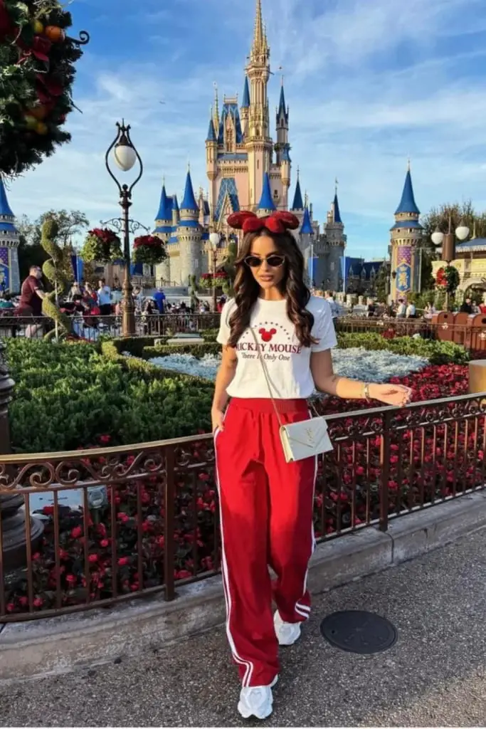 Red Striped Trousers and Mickey Mouse Tee Theme Park Look Red Striped Trousers and Mickey Mouse Tee Theme Park Look — Classy Theme Park Outfits