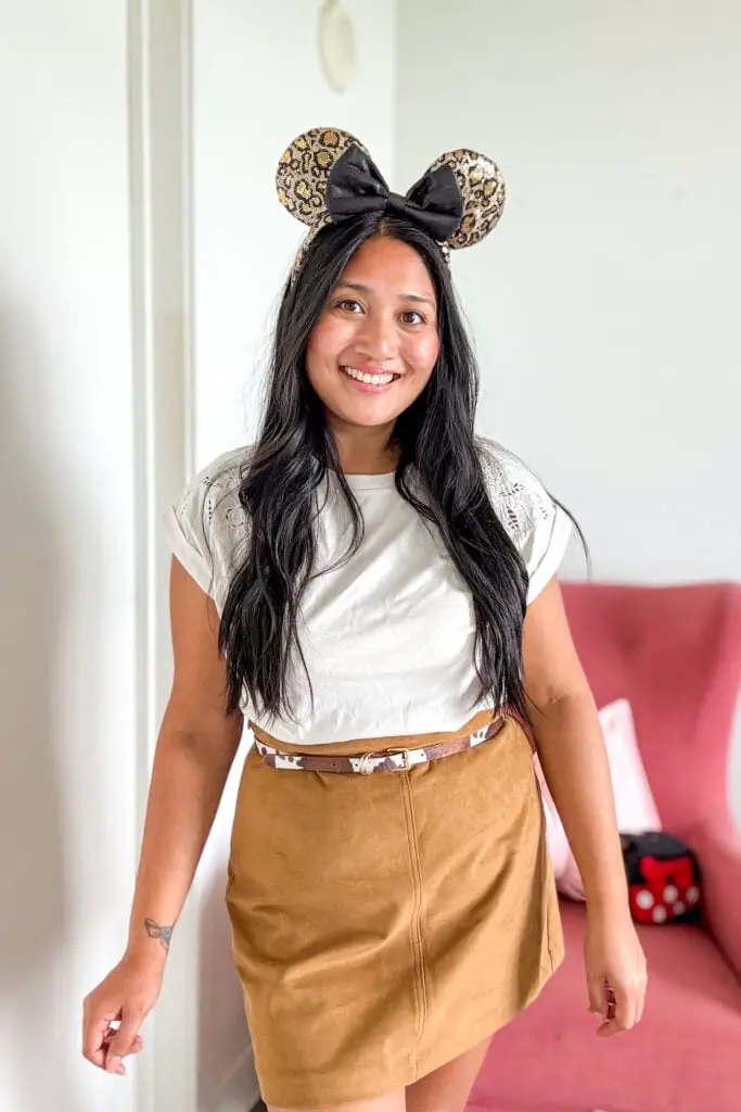 Brown Suede Skirt and White Top with Minnie Ears Brown Suede Skirt and White Top with Minnie Ears — Classy Theme Park Outfits