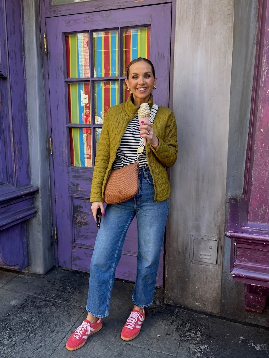 Olive Green Quilted Jacket and Striped Tee Theme Park Look Olive Green Quilted Jacket and Striped Tee Theme Park Look — Classy Theme Park Outfits